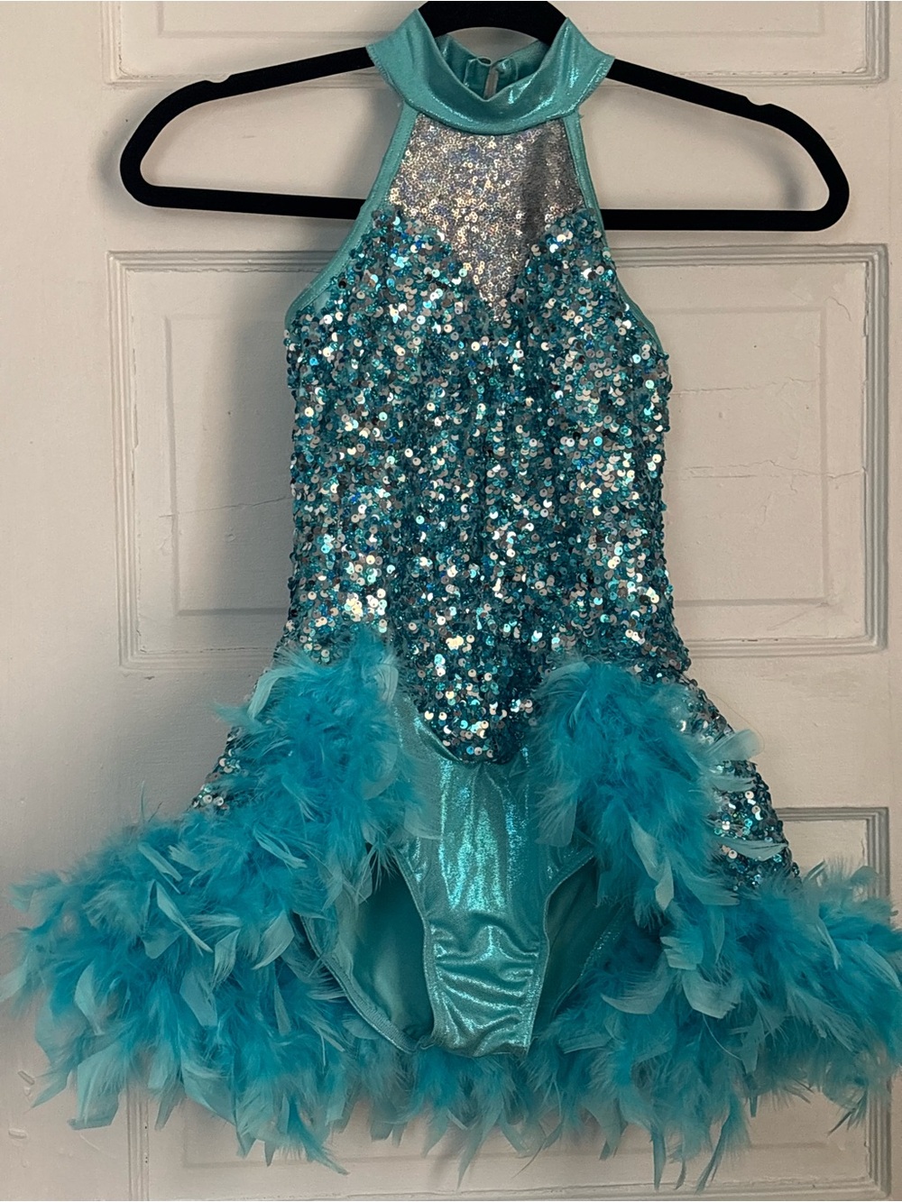 Weissman Teal Sequin & Feather Dance Costume includes wrist bands and hair piece